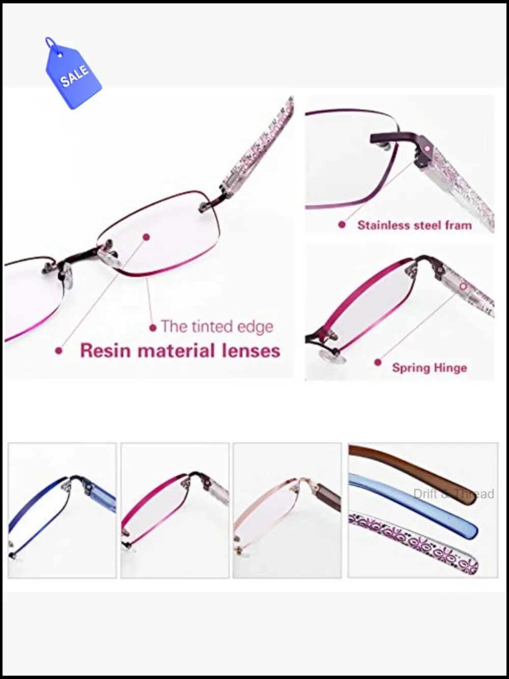 3-Pack Rimless Reading Glasses for Women, Spring Hinge